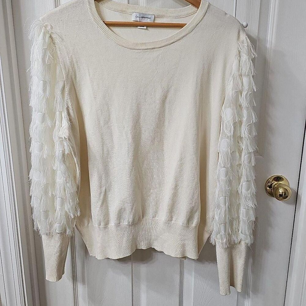 CALLIGRAPHIE Ivory Fringe Sleeve Knit Sweater Size 2X